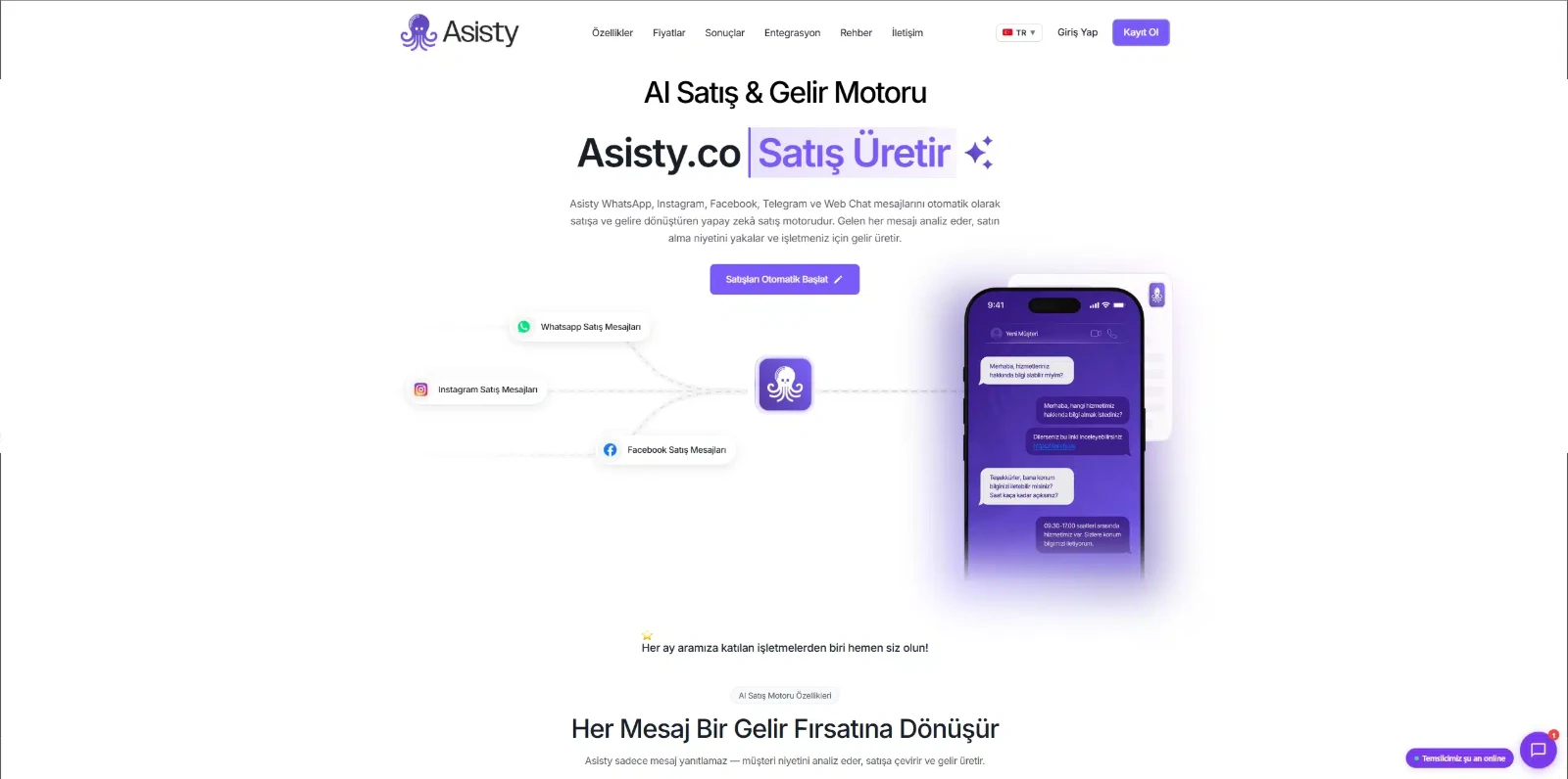 Asisty yapay zekâ müşteri mesajlaşma platformu web sitesi tasarımı