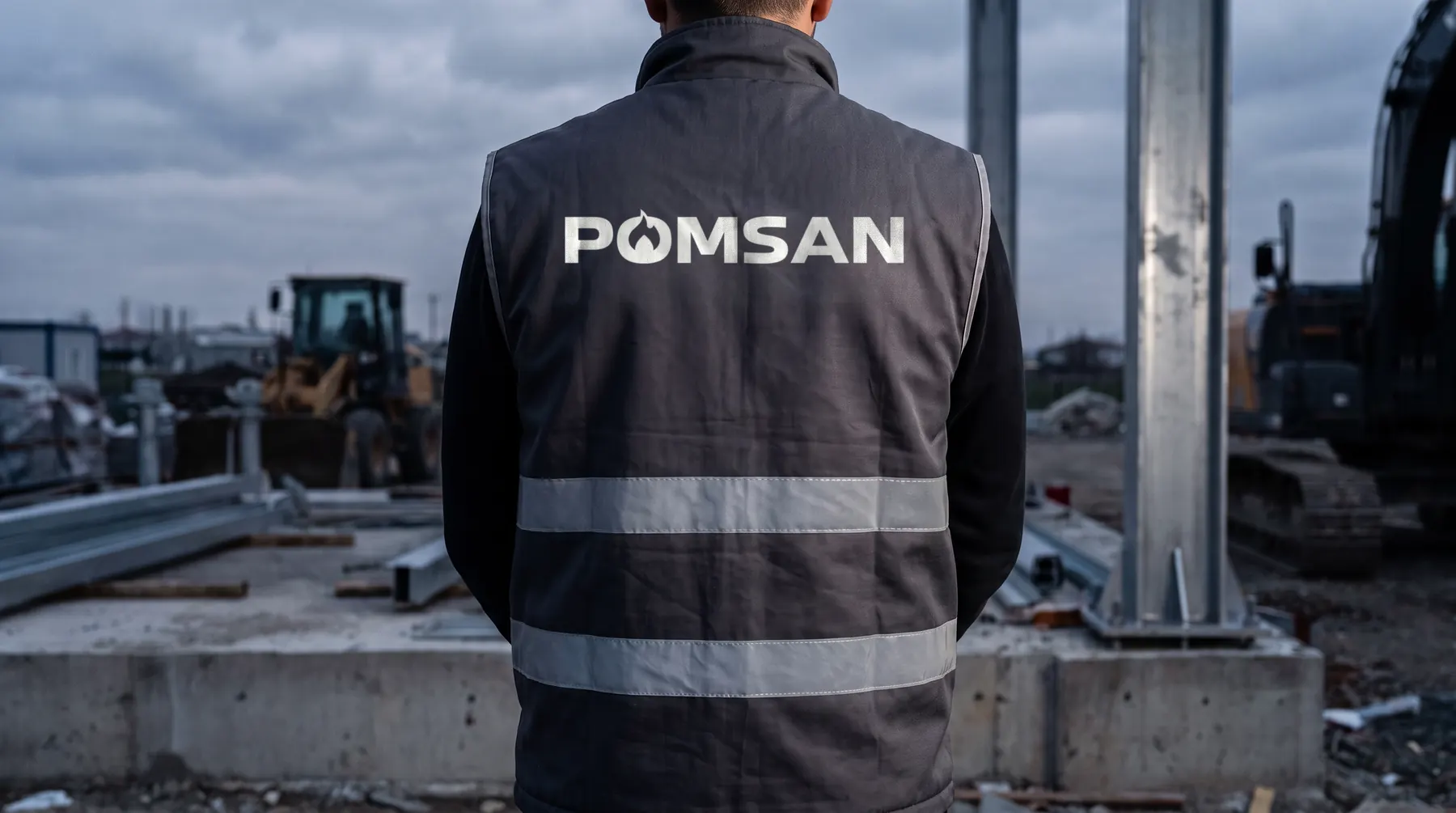 Sırtında beyaz Pomsan logosu olan iş yeleği, arkadan