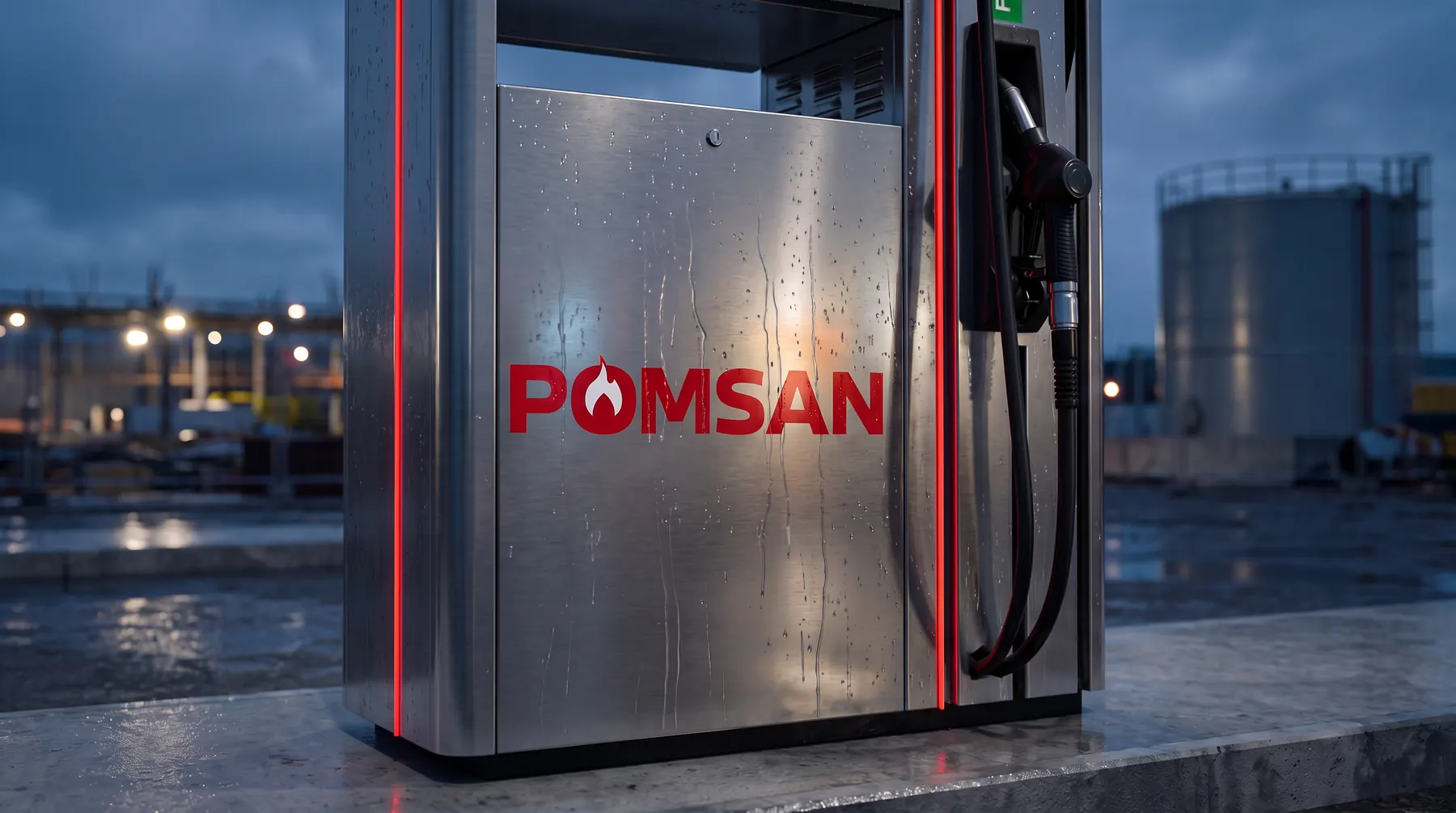 Islak paslanmaz çelik pompa gövdesinde Pomsan logosu