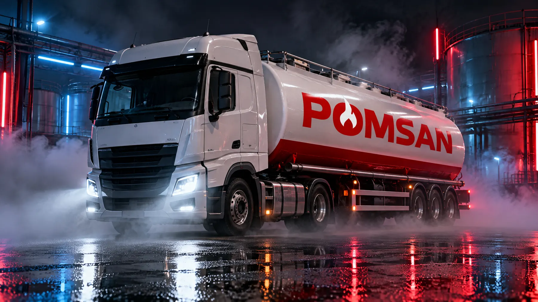 Gece sisli tesiste Pomsan logolu beyaz akaryakıt tankeri