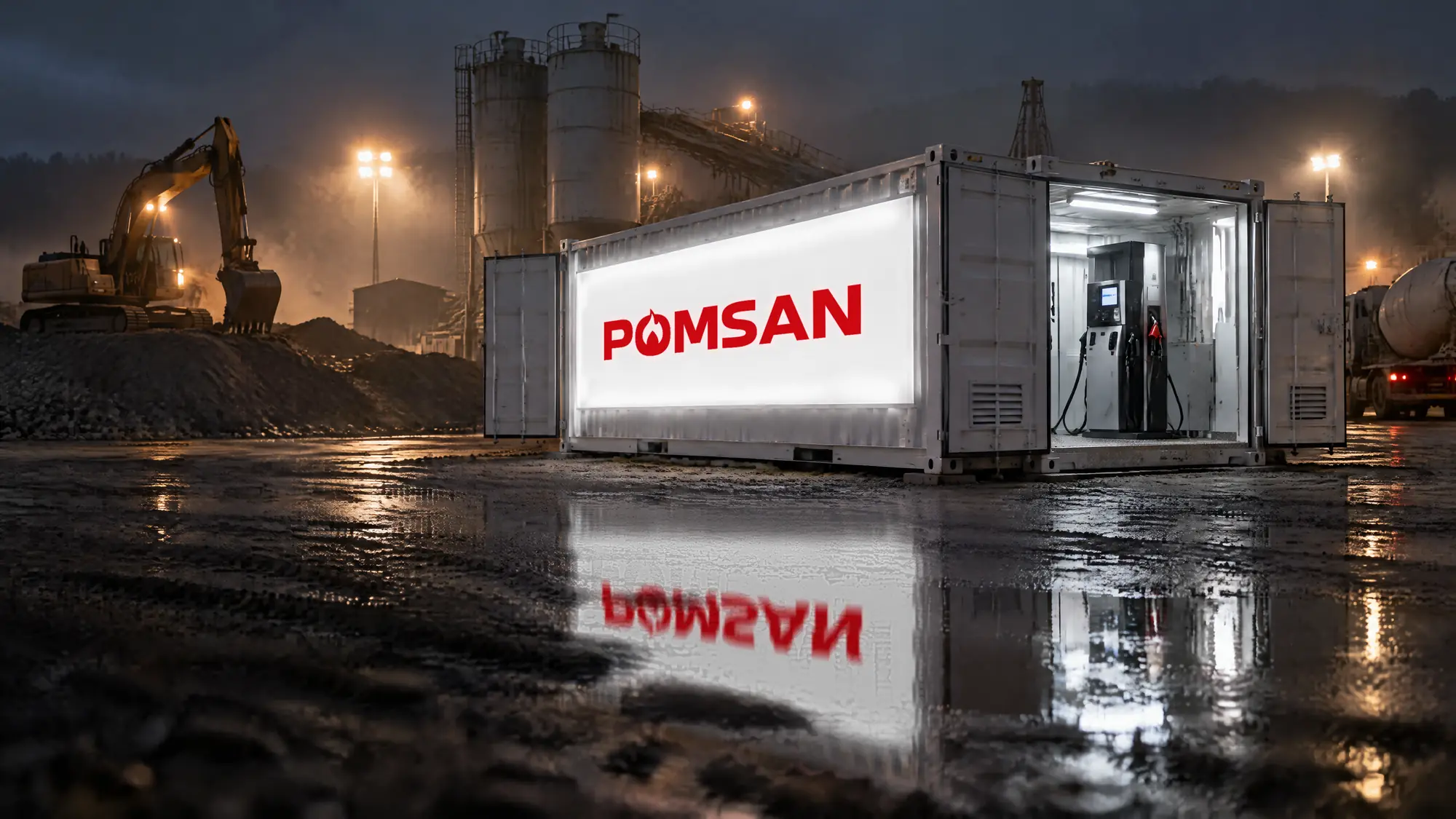 Gece şantiyede ışıklı Pomsan tabelalı konteyner tipi mobil akaryakıt istasyonu, ıslak zeminde yansıması